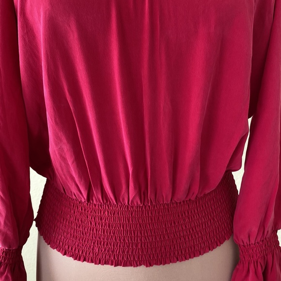 Bebe Scarlet Red Silk Keyhole Smocked Blouse - Picture 2 of 11